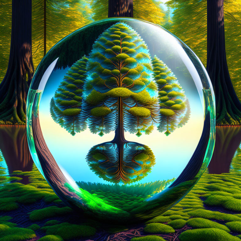 Surreal image of crystal ball reflecting inverted tree in lush forest