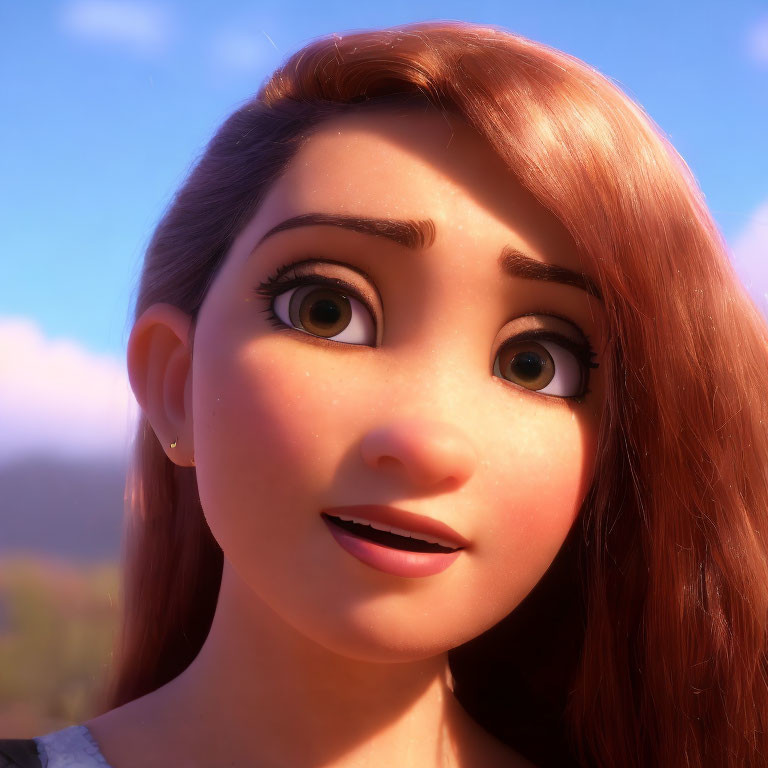 Detailed Close-up of Auburn-Haired 3D Character with Brown Eyes