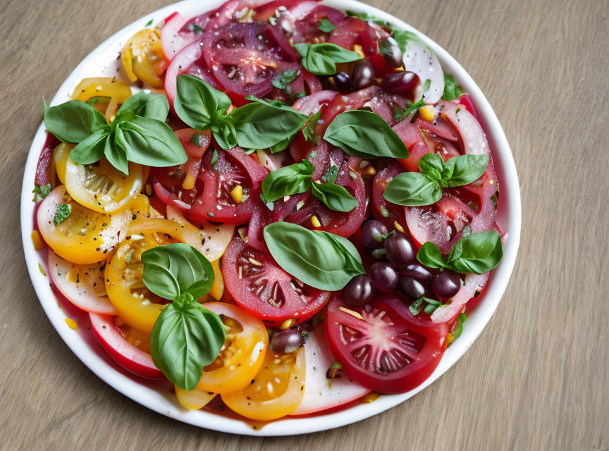 Vibrant tomato salad with basil, olives, and black pepper on white plate