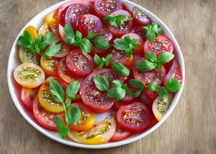 Fresh red and yellow tomato slices with basil on wooden table