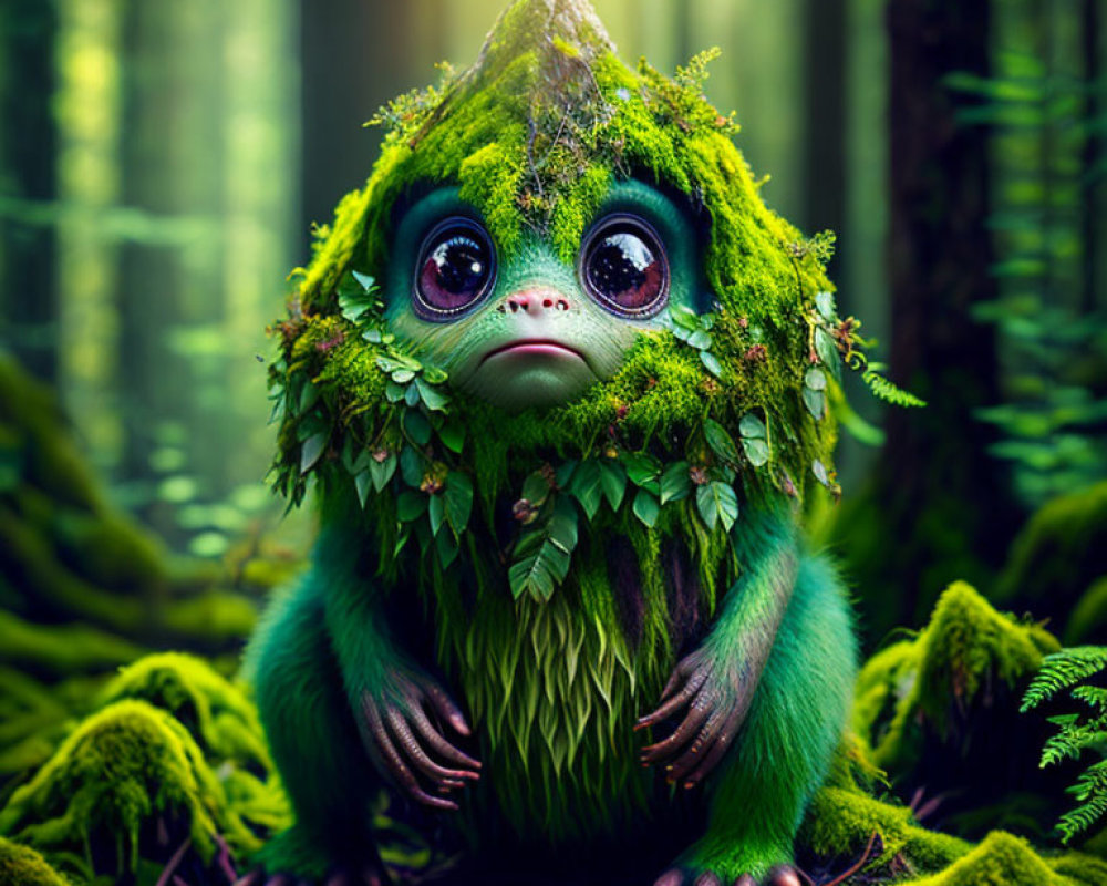 Green creature with expressive eyes in lush forest setting