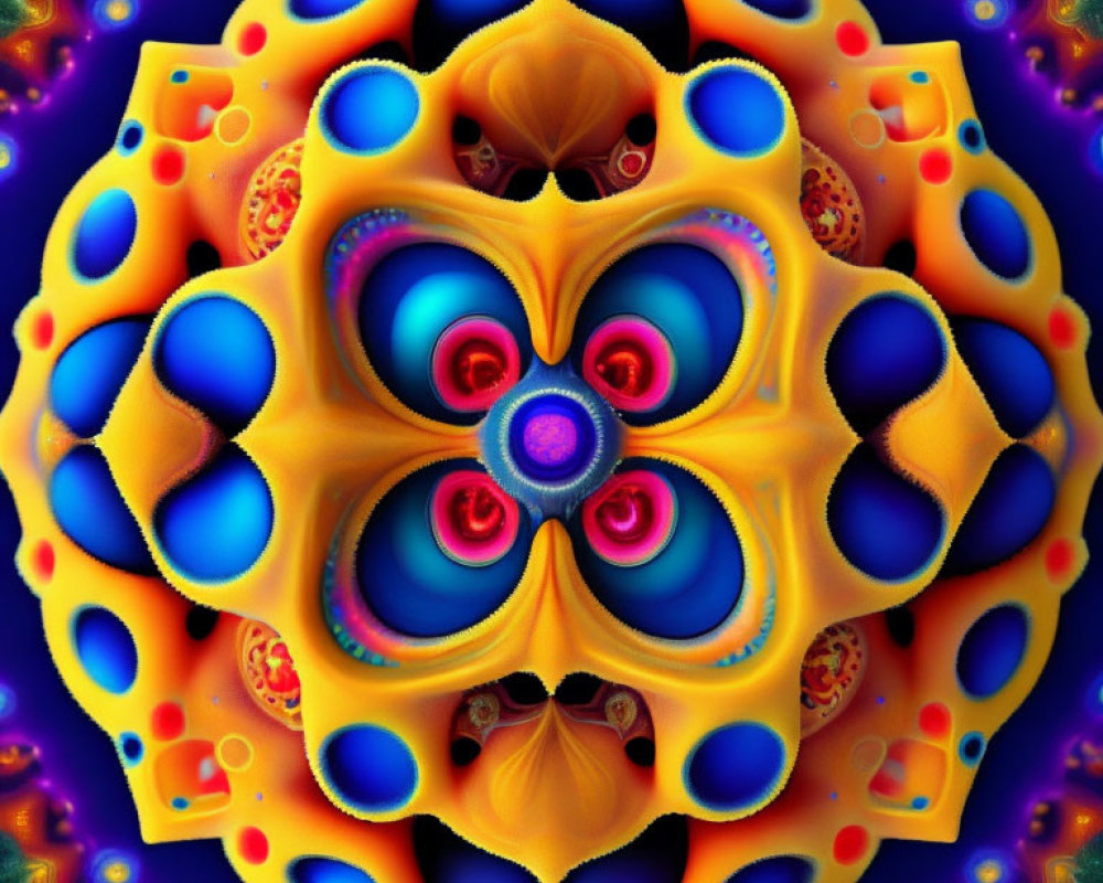 Symmetrical Fractal Image with Vibrant Blue, Yellow, and Red Hues
