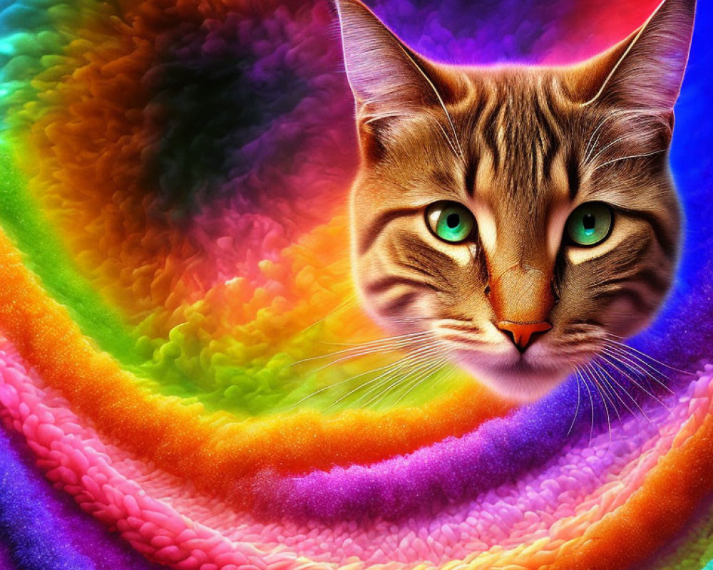 Colorful cat face over swirling rainbow spiral.