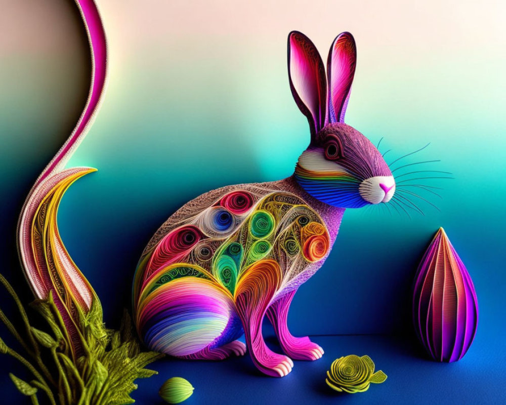 Vibrant rabbit illustration with intricate patterns and abstract plants on gradient backdrop