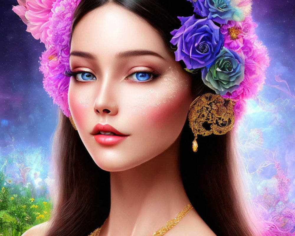 Digital illustration of woman with floral headpiece, sparkling eyes, gold jewelry, vibrant background