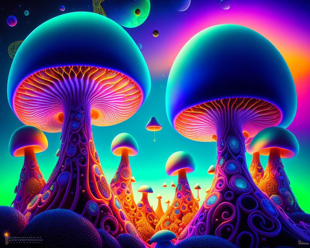 Colorful digital art featuring stylized mushrooms and cosmic background.