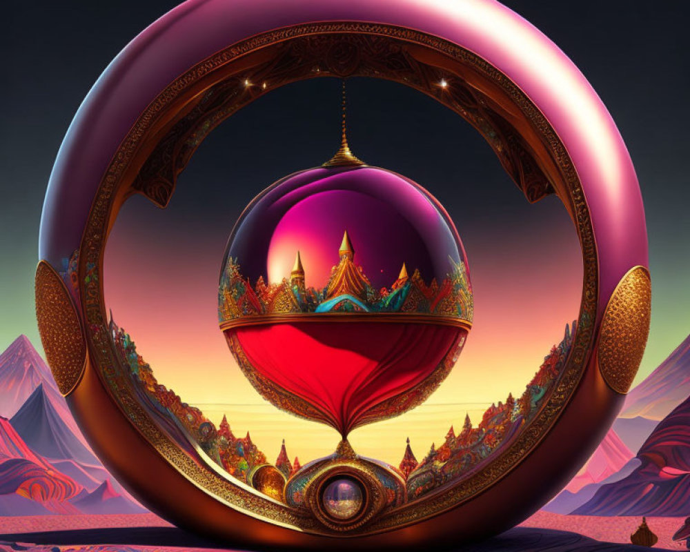 Circular ornate frame with vibrant red bauble reflecting surreal landscape.