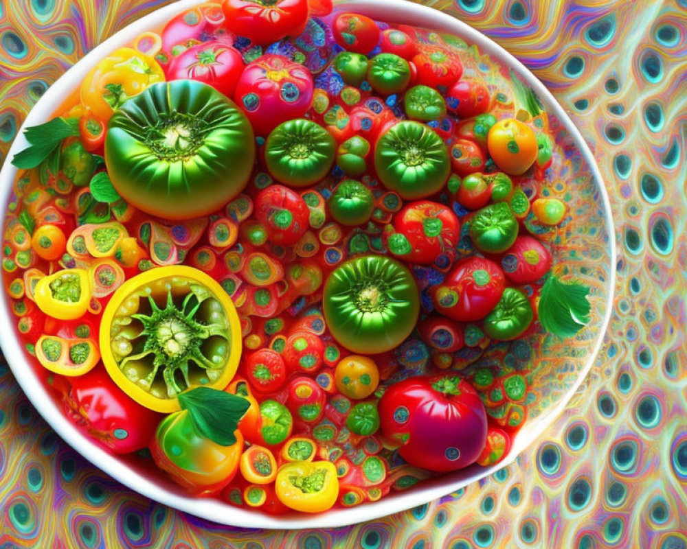 Colorful Plate of Fresh Tomatoes on Psychedelic Background