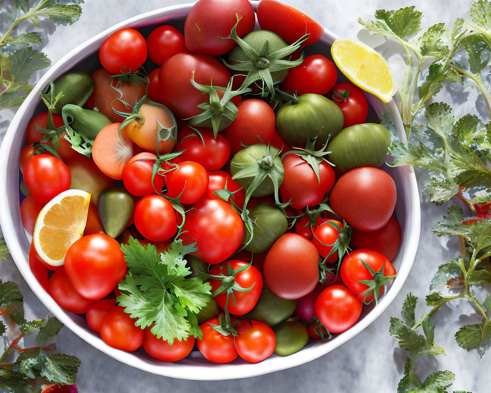 Colorful bowl of red and green tomatoes with parsley and lemon wedge