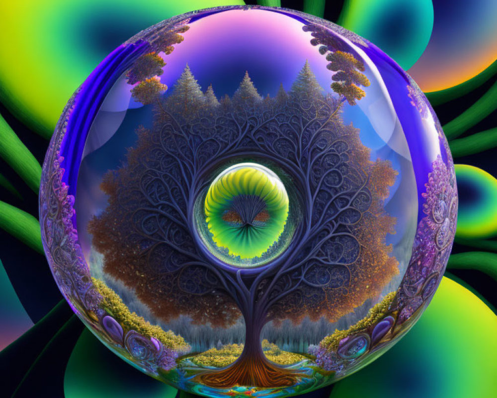Colorful Digital Artwork: Transparent Sphere with Tree and Landscape