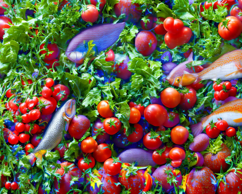 Colorful kale, tomatoes, and fish in vibrant composition
