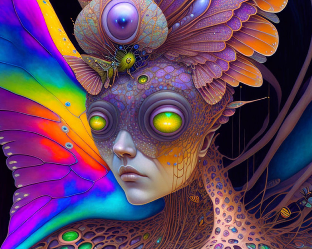 Colorful digital art of fantastical creature with butterfly wings