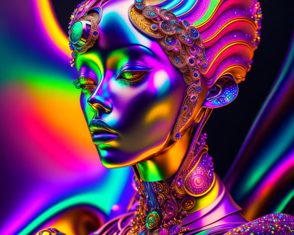 Vibrant digital artwork of woman with metallic skin and ornate headdress