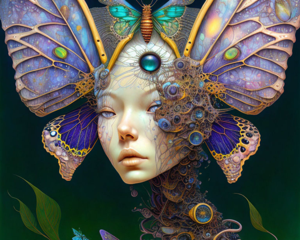 Colorful portrait of a woman with butterfly wings hair and mechanical details