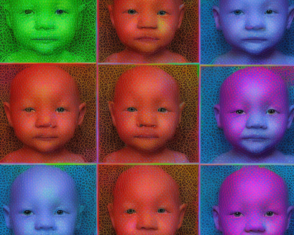 Nine Square Baby Face Images with Vibrant Color Overlays & Dotted Texture Patterns
