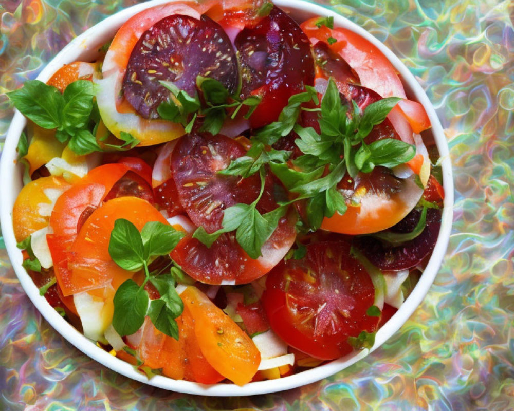 Vibrant Tomato Salad with Basil on Psychedelic Background