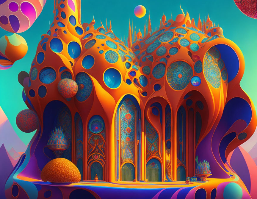 Colorful surreal illustration of ornate, organic structure in teal and orange landscape
