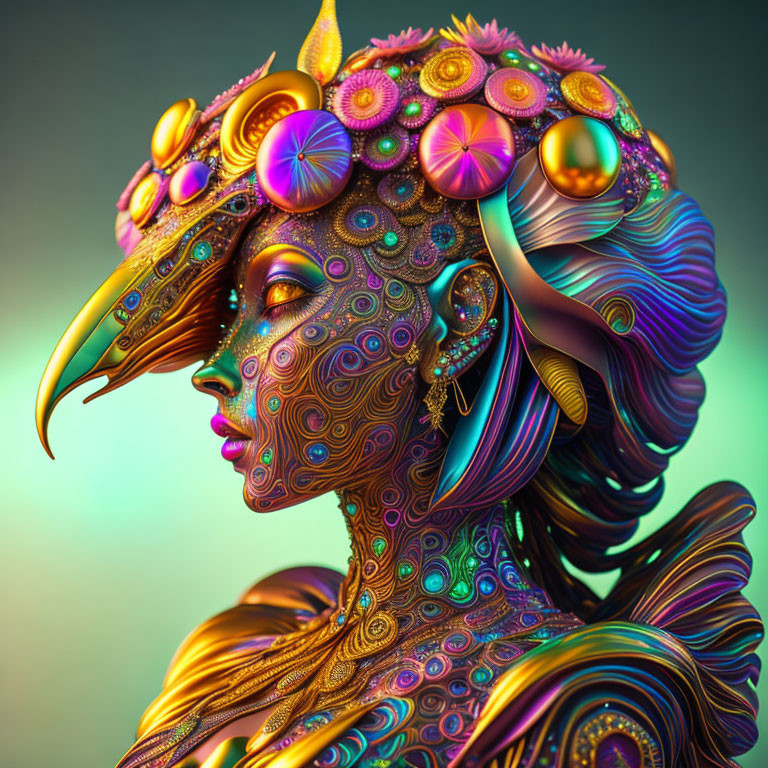 Vibrant digital artwork of stylized female figure with ornate headgear and iridescent patterns
