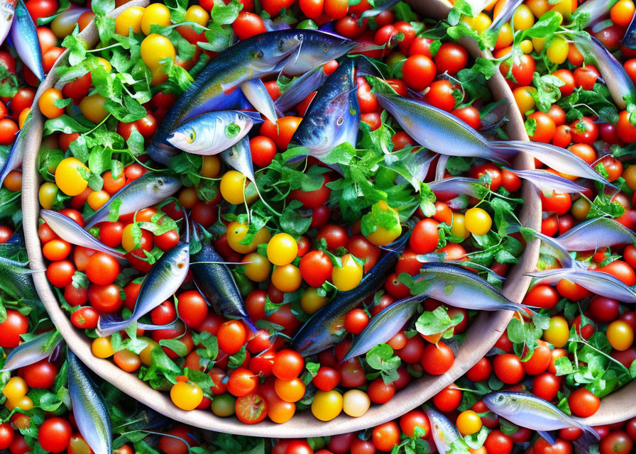 Colorful Fresh Fish and Cherry Tomatoes with Green Leaves