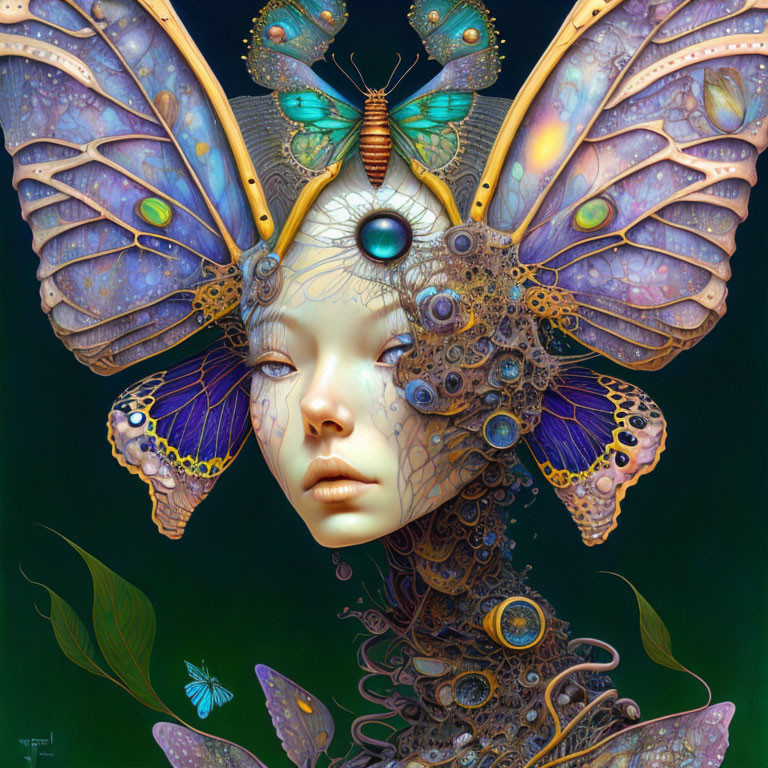 Colorful portrait of a woman with butterfly wings hair and mechanical details