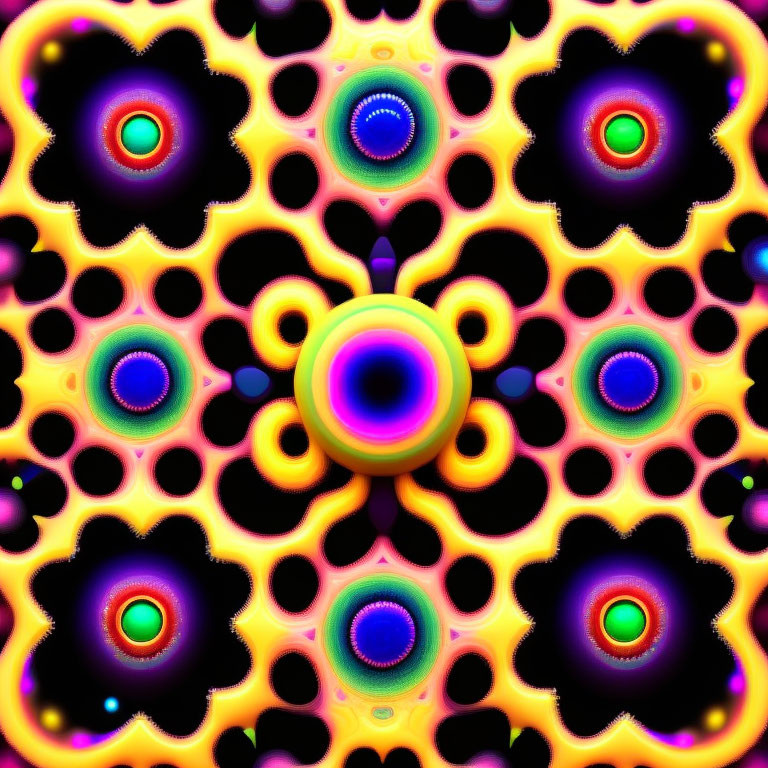 Colorful Symmetrical Floral Fractal Art in Yellow, Purple, Blue, and Magenta