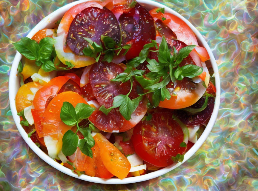 Vibrant Tomato Salad with Basil on Psychedelic Background