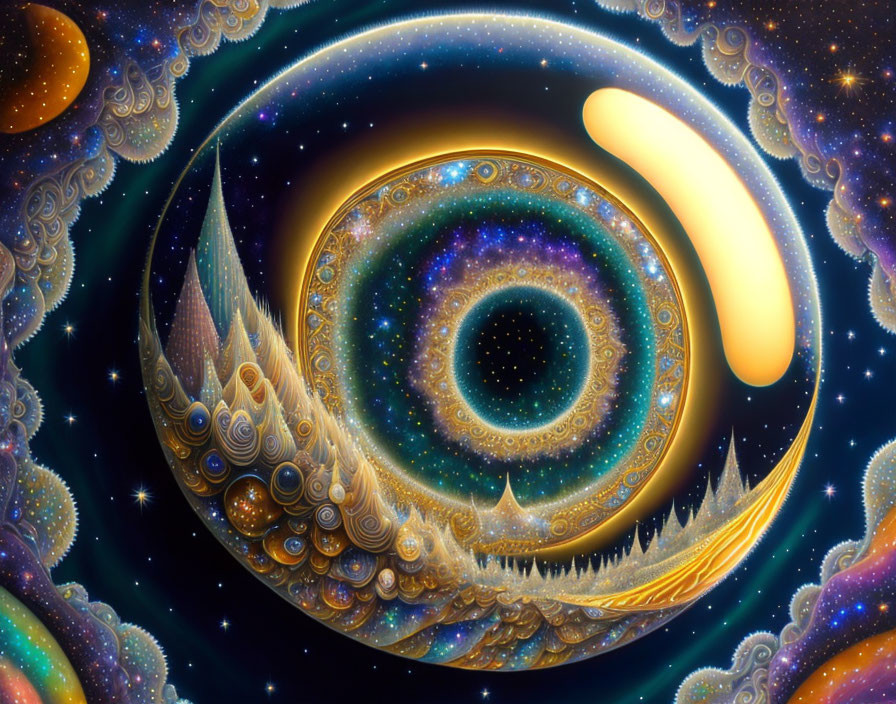 Cosmic digital art: Spiral galaxy, celestial bodies, fractal patterns in golds and blues