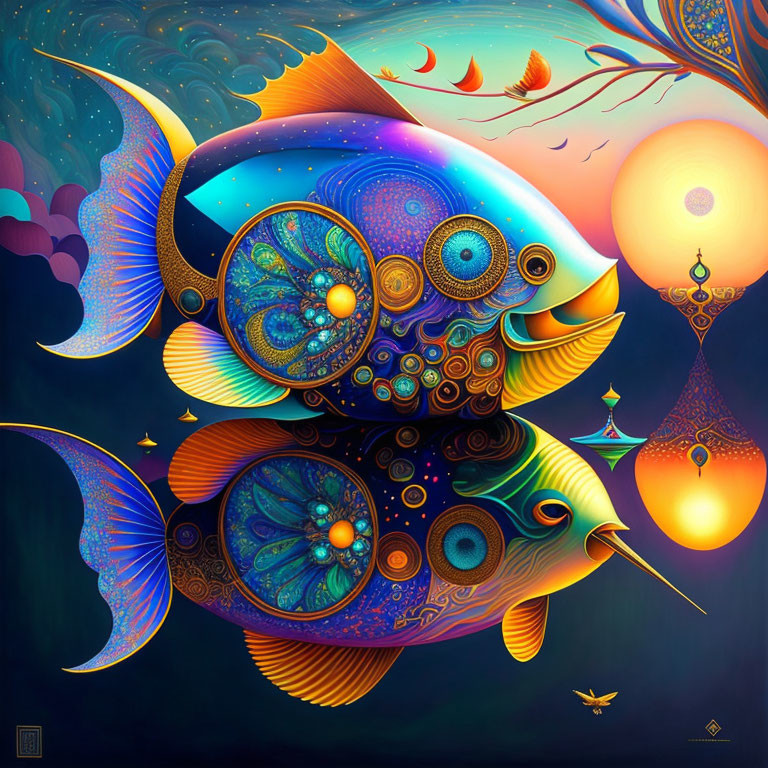 Colorful surreal fish with fractal patterns in celestial setting