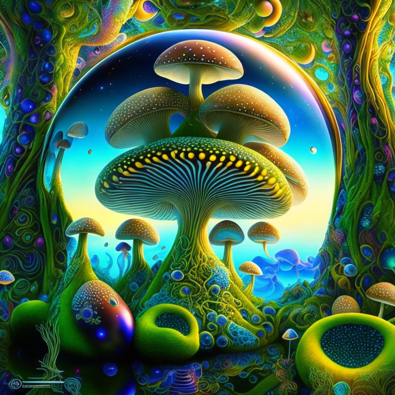 Psychedelic forest illustration with luminescent mushrooms and starry sky