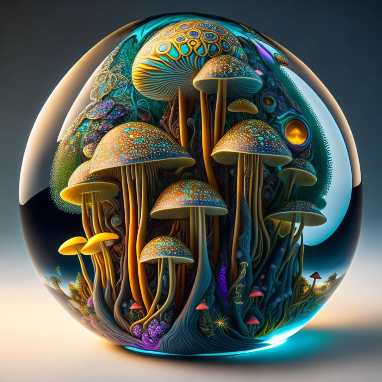 Bioluminescent Mushroom Artwork in Egg Structure on Dark Background