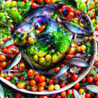 Colorful kale, tomatoes, and fish in vibrant composition