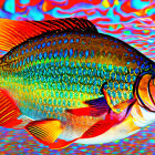Colorful Tropical Fish with Blue, Yellow, Red, and Orange Features on Psychedelic Background