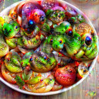 Colorful Fish with Psychedelic Patterns on Plate with Tomatoes and Abstract Background