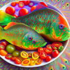 Assorted Tomatoes and Fish on Colorful Background