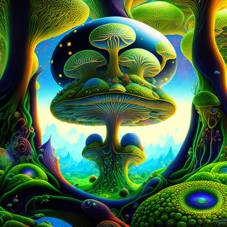 Detailed Psychedelic Fantasy Landscape with Giant Mushrooms & Alien Plants