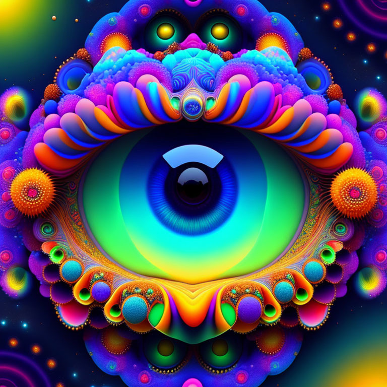 Colorful Psychedelic Digital Artwork with Central Eye and Fractal Patterns