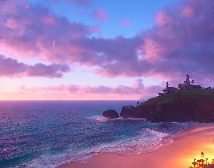 Coastal Sunset Landscape with Lighthouse, Shoreline, and Vibrant Sky