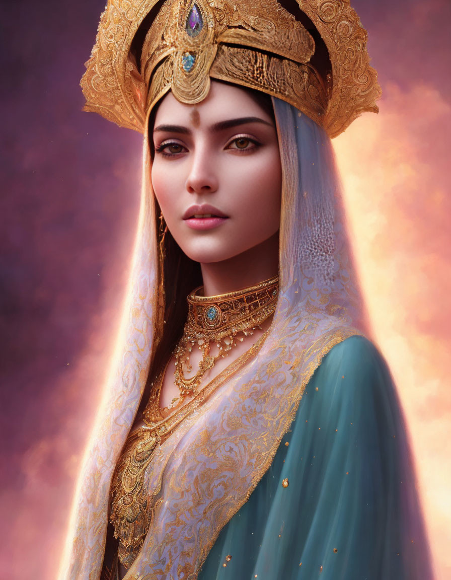 Regal Woman in Blue and Gold Attire on Purple Background