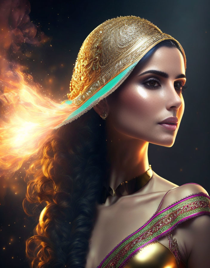 Woman with Gold Headpiece and Cosmic Background