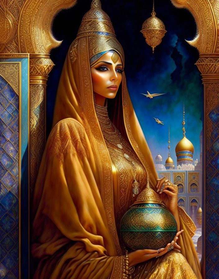 Illustration of woman in golden cloak with ornate sphere, Arabian palace backdrop