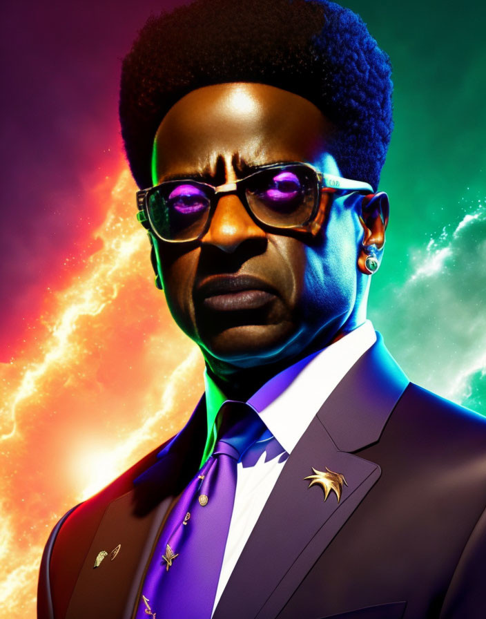 Man with Afro in Blue Suit and Glasses on Colorful Background