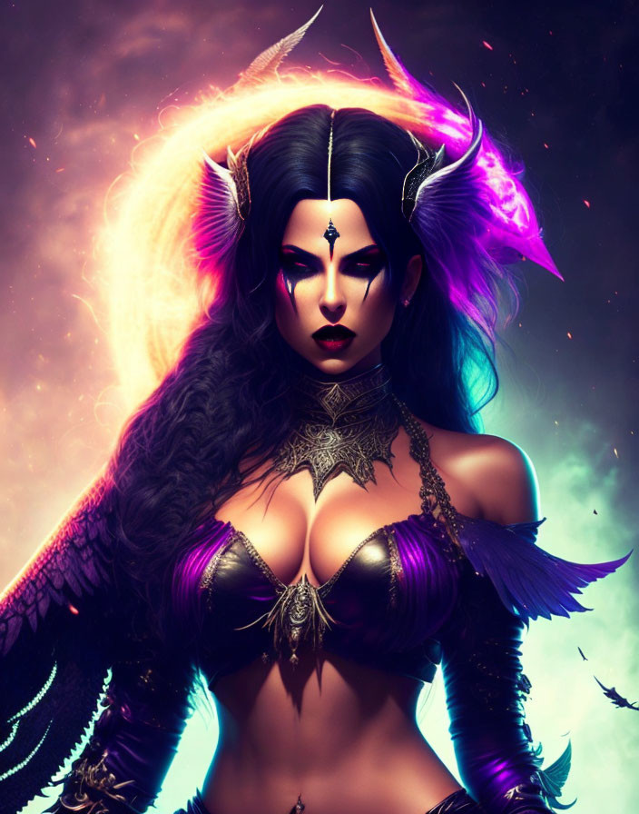 Dark armored female figure with glowing eyes and horns in cosmic scene with bats.