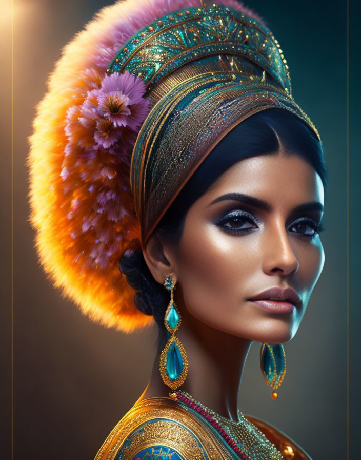 Woman with Striking Makeup and Ornate Turquoise Headdress