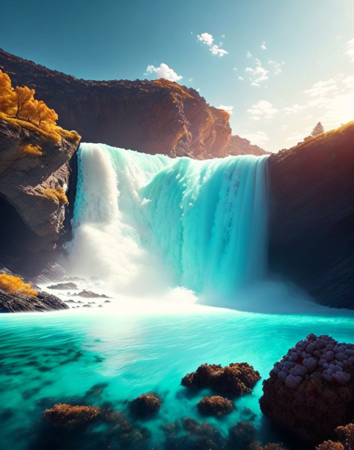 Majestic waterfall cascading into turquoise pool amid autumn foliage