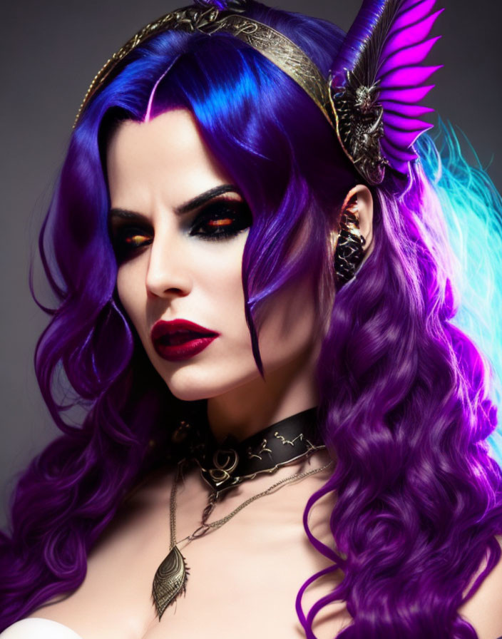 Vibrant purple and blue hair woman in gothic attire with horned headpiece gazes at