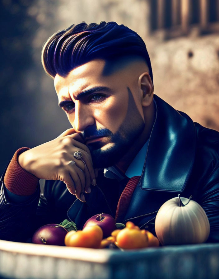 Fashionable man with slicked-back hair and beard next to bowl of colorful fruits and vegetables
