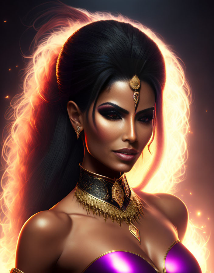 Digital artwork: Woman with glowing skin, dark hair, golden jewelry, fiery aura