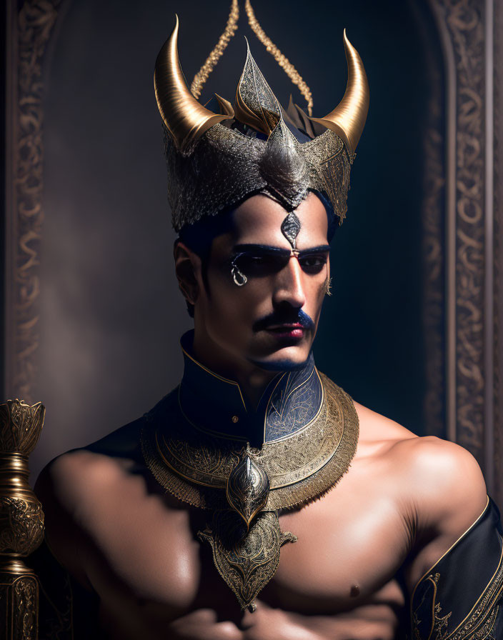 Stylized portrait of a man with horned headpiece and neck armor