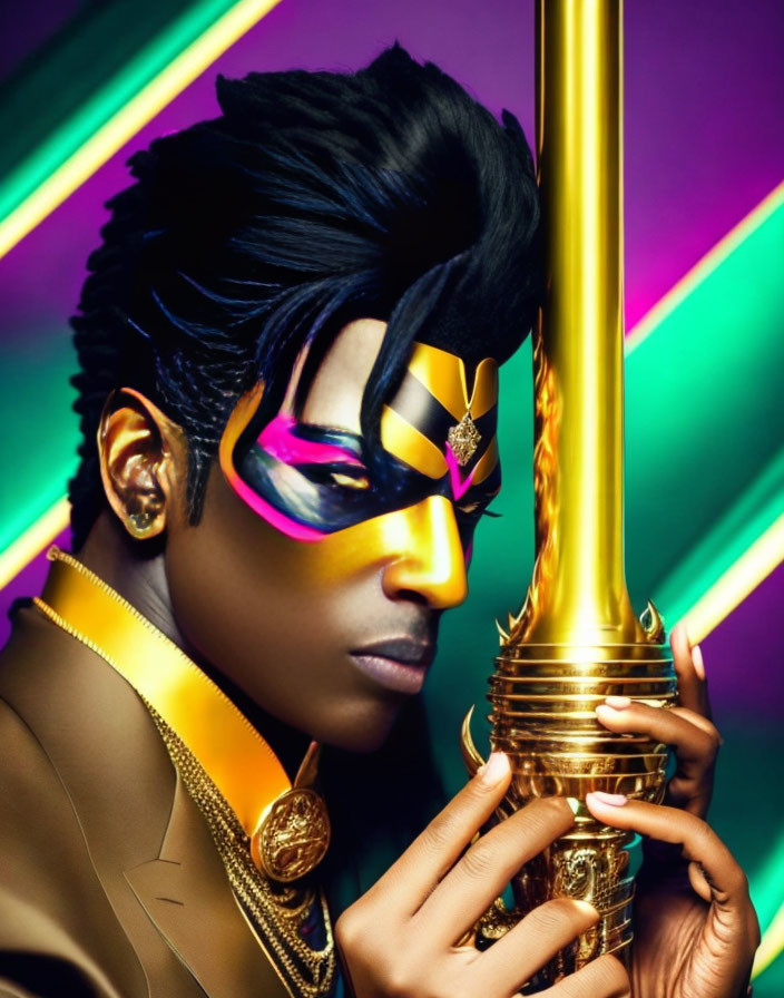 Artistic makeup and futuristic eyewear with golden baton in neon-lit setting