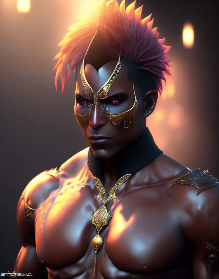 Stylized digital portrait of character with pink hair and golden mask